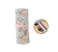 Lurrose 48holes Portable Canvas Pencil Roll Wrap Holder Slots Elegant Pink Floral Storage Organizer for Pencils Markers and Brushes for Artists and Students