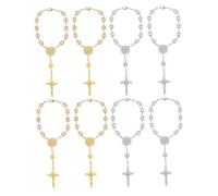 Lurrose 4pcs Imitation Pearl Prayer Beads Bracelets with Floral Edge for Men Women Handstrung Religious Jewelry Cross Charm Rosary Wristbands for Baptism Communion Wedding Favors