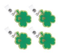 Lurrose 4pcs St Patrick’s Day Retractable Clover Id Badge Holder Reel, Glitter Acrylic Nurse Teacher Office Badge Clip for Student and Medical Staff