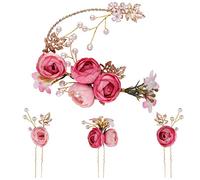 Lurrose 5 Pieces Rose Hair Pins U-shaped Hair Pins Bridal Bridesmaid Hair Accessories for Wedding Prom (Pink)