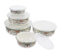 Lurrose 5pcs Thickened Enamel Kitchen Bowls Set with Lids, Deep Soup and Salad Bowls, Food Storage Containers Suitable for Food and Instant Noodles, Russian Floral Pattern