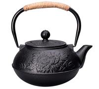 Lurrose Cast Iron Teapot Thickened Water Kettle for Stove and Induction Cooker Household Heating Pot for Brewing Tea and Coffee Black Peony Design with Random Knob