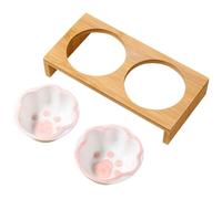 Lurrose Ceramic Cat Feeding Bowl with Bamboo Rack, Raised Pet Bowl for Cats, Easy to Clean and Bite Resistant, Unique Shape, for Household Use
