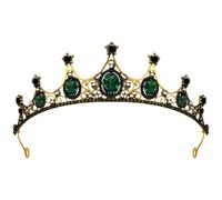 Lurrose Green Crystal Crown Golden Tiara with Black Rhinestone Decor Baroque Bridal Jewelry