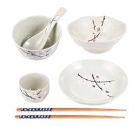 Lurrose Japanese Ceramic Dinnerware Set for One 6pcs Tableware Set Including Bowl, Plate, Dish, Cup, Spoon Chopsticks in Blue for Household Dining