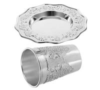 Lurrose Kiddush Cup Set with Engraved Floral Design Wine Liqueur Cup and Saucer Tray for Shabbat Passover Jewish Ritual and Holiday Celebration