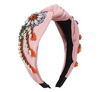Lurrose Retro Wide Boho Rhinestone Headband - PinkCloth Crystal Wide Diamond Headdress - Hair Accessories for Women & Girls