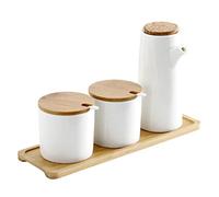Lurrose Vinegar Bottles Ceramic Oil Dispenser Bottle Japanese Style Olive Oil Pot Soy with 2Pcs Sauce Jar Vinegar Cruet Liquid Condiment Dispenser with Tray for Kitchen Cooking White Syrup Dispenser