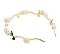 Lurrose White Rose Pearl Headband for Women, Floral Bride Hairband with Green Leaves, Handmade Wedding Hair Accessory, Romantic Flower Headdress for Parties and Special Occasions