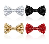 Lurvous 4pc Glitter Bow Ties, Sparkly Sequin with Adjustable Strap, Glitter Black Gold Silver Red for Party Carnival Show Fancy Dress (4 Colors)