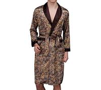 Lu's Chic Men's Satin Kimono Robe Long Sleeve Bathrobe Paisley Spa Bath Soft Knee Length Patterned Lightweight Floral Print Wrap Casual V Neck Pocket Tie Coffee X-Large, 08 Coffee, XL