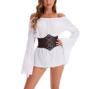 Lu's Chic Women's Renaissance Victorian Costume Acting 2 Piece Colonial Billowy Elastic Bunched Off Shoulder Blouse Top, White, 12