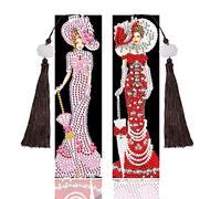 LUSandy 2pcs DIY 5D Fancy Lady Diamond Painting Bookmark with Tassel, Dress Lady Beaded Leather Bookmark Diamond Art Gem Art for Holiday Christmas Festival Kids Adults Beginner - Red and Pink Lady