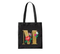 LUSandy 5D DIY A-Z Letter Diamond Painting Tote Bag for Women Foldable Reusable Black Shopping Bag with Handles - M
