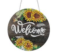 LUSandy DIY 5D Wellcome Sunflower Diamond Painting Kits Hanging Sign Wall Art Sign Sunflower Diamond Art Window Hanging Ornament Window Pendants Home Garden Wall Door Hanging Diamond Painting Kits