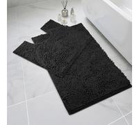 LUSCHEER 2 Piece Bath Mat Set, Luxury Chenille Ultra Soft Plush Non Slip Rug and Toilet Mat, Water Absorbent Machine Washable for Bathroom Floor (Black, 80 x 50 cm + U Shaped 50 x 50 cm)