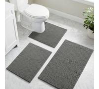 LUSCHEER Chenille Bath Mat Sets 3 Piece Bathroom Rugs, Dark Grey | Non Slip Backing, Luxury Absorbent Fluffy Bath Mats for Bathroom Floor, Machine-Washable Quick Dry Toilet Rug Foot Mat