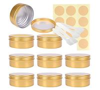 LusDoly Pack of 10 Empty 150ml Gold Aluminium Tins with Lids - Ø83x38mm Round Aluminum Screw Pots Cosmetic Cream Container Travel Jars for Candle Lip Balm, Salve with Spatulas & Labels
