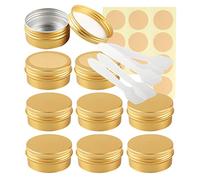 LusDoly Pack of 10 Empty 50ml Gold Aluminium Tins with Lids - Ø57x28mm Round Aluminum Screw Pots Cosmetic Cream Container Travel Jars for Candle Lip Balm, Salve with Spatulas & Labels