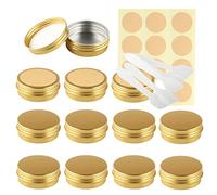 LusDoly Pack of 20 Empty 30ml Gold Aluminium Tins with Lids - Ø52x21mm Round Aluminum Screw Pots Travel Round Cosmetic Cream Container Jars for Candle Lip Balm, Salve with Spatulas & Labels