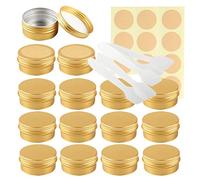 LusDoly Pack of 50 Empty 50ml Gold Aluminium Tins with Lids - Ø57x28mm Round Aluminum Screw Pots Travel Round Cosmetic Cream Container Jars for Candle Lip Balm, Salve with Spatulas & Labels