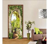 LuSeven 3d door sticker Garden building yellow flowers 50x125cm(19.68 inches * 49.21 inches) murals Interior Doors Pattern Decals Self-Adhesive Removable Home Art Decor Waterproof Vinyl Stickers Poste