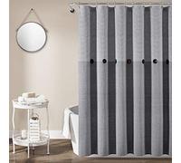 Lush Decor 16T005473 Gray Linen Woven Cotton Shower Curtain, Farmhouse Button Stripe, Yarn Dyed (72" x 72")