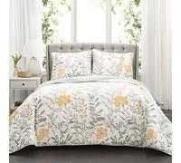 Lush Decor Aprile Reversible Floral Quilt Queen Size 3 Piece Set Full/Queen, Yellow & Gray - Bedding Set - Floral Quilt - Cottage Bedroom Décor