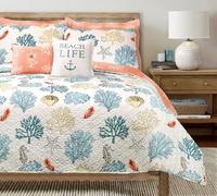 Lush Decor Blue and Coral Coastal Reef Quilt-Reversible 7 Piece Bedding Set with Feather Seashell Design-Full Queen