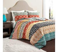 Lush Decor Bohemian Stripe Reversible Cotton Duvet Cover Set, 3 Piece Set, King, Turquoise & Orange -Striped Bedding Set - King Duvet Set - Boho Decor