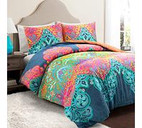 Lush Decor Boho Chic Reversible 3 Piece Cotton Duvet Cover Set, King, Turquoise & Navy