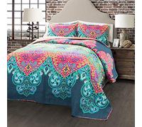 Lush Decor Boho Chic Reversible Cotton Quilt 3-Piece Set, Full/Queen, Turquoise & Navy - Bright Paisley Print, Vibrant & Colorful Bohemian Bedding Set