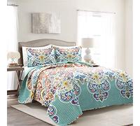 Lush Decor Boho Chic Reversible Oversized 3 Piece Cotton Quilt Set, Seafoam & Red, King