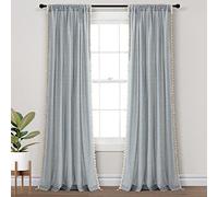 Lush Decor Boho Coastal Horizontal Ticking Stripe Tassel Window Curtain Panel Pair, 52" W x 84" L, Blue