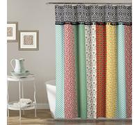 Lush Decor Boho Patch Shower Curtain-Fabric Bohemian Colorful Print Vertical Stripe Design with Tassels, 72" x 72", Multicolor, 70" x 72", Orange/Navy