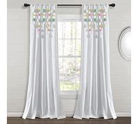 Lush Decor Boho Pom Pom Tassel Linen Window Curtain Panel (Single Panel), 84" L x 52" W, Aqua & Pin