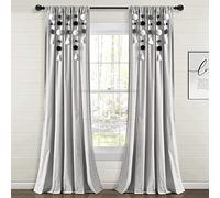 Lush Decor Boho Pom Pom Tassel Linen Window Curtain Panel (Single Panel), 95" L x 52" W, Gray & Black