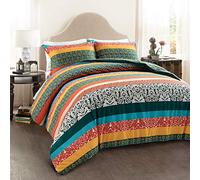 Lush Decor Boho Stripe Reversible Cotton 3 Piece Duvet Cover Set, King, Turquoise & Tangerine