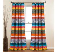Lush Decor Boho Stripe Window Curtain Bohemian Geomatric Floral Design Panel Pair, 52" W x 84" L, Turquoise & Tangerine