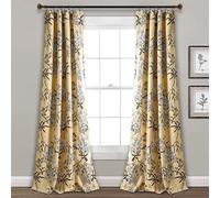 Lush Decor Botanical Garden Curtains Floral Bird Print Light Filtering Window Panel Drapes Set for Living, Dining, Bedroom (Pair), Yellow, 52" W x 84L