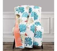Lush Decor Coastal Reef Feather Reversible Throw Blanket, 50" W x 60" L, Blue & Coral - Coral Throw Blanket - Quilted Throw - Seahorse Blanket For Bed, Couch Or Chair - Beach & Coastal Decor