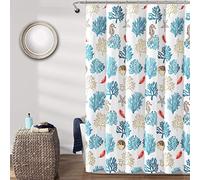 Lush Decor Coastal Reef Feather Shower Curtain, 72" W x 72" L, Blue & Coral - Coral, Starfish, Seahorse & Feather Pattern - Beach Bath Curtain - Costal Shower Curtain - Ocean Themed Bathroom Decor