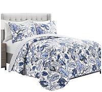 Lush Decor Cynthia Jacobean Quilt 3 Piece Reversible Bedding Set, King, Blue