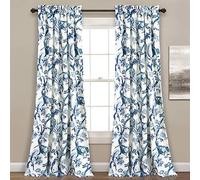 Lush Decor Dolores Light Filtering Window Panels, Pair, 52" W x 108" L, Blue - Toile Curtains - Floral Bird Print - Grandmillennial & French Country Curtains - Cottage & Maximalist Home Decor