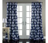 Lush Decor Elephant Parade Curtains Floral Animal Print Design Window Panel Drapes Set for Living, Dining, Bedroom (Pair), 84” x 52”, Navy