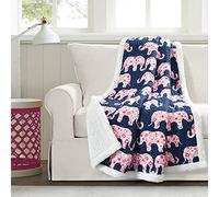 Lush Decor Elephant Parade Sherpa Throw Blanket, 60" x 50", Navy & Pink