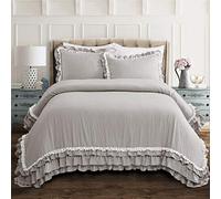 Lush Decor Ella Vintage Chic Ruffle Lace 3 Piece Comforter Set, Full/Queen, Light Gray, Polyester Blend