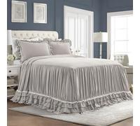 Lush Decor Ella Vintage Chic Ruffle Lace Bedspread Light Gray Farmhouse Style Lightweight 3 Piece Set King, Polyester