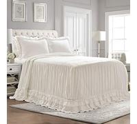 Lush Decor Ella Vintage Chic Ruffle Lace Bedspread White Farmhouse Style Lightweight 3 Piece Set Queen, Polyester