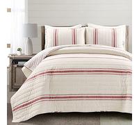 Lush Decor Farmhouse Stripe 3 Piece Quilt Set, Red, King/Lime King